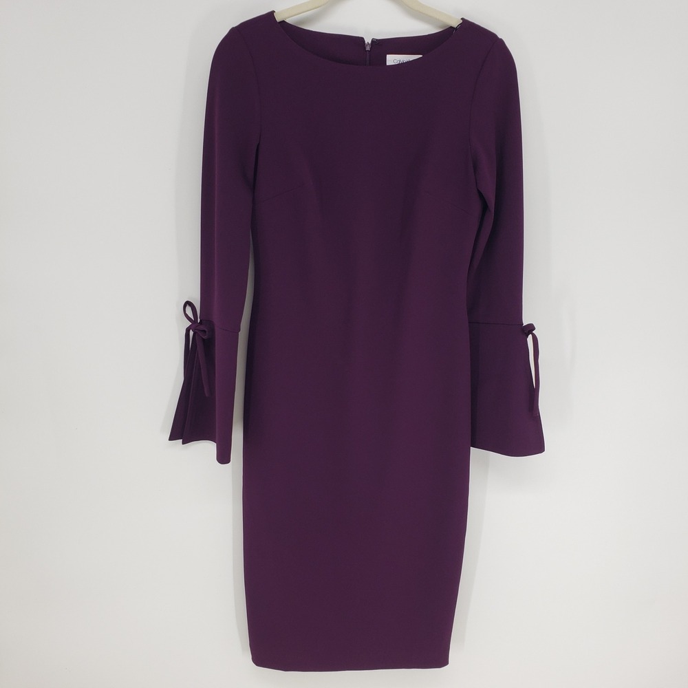 Calvin Klein Bell Sleeve Sheath Dress‎ Womens Sz 2 Purple Tie Detail Long Sleeve